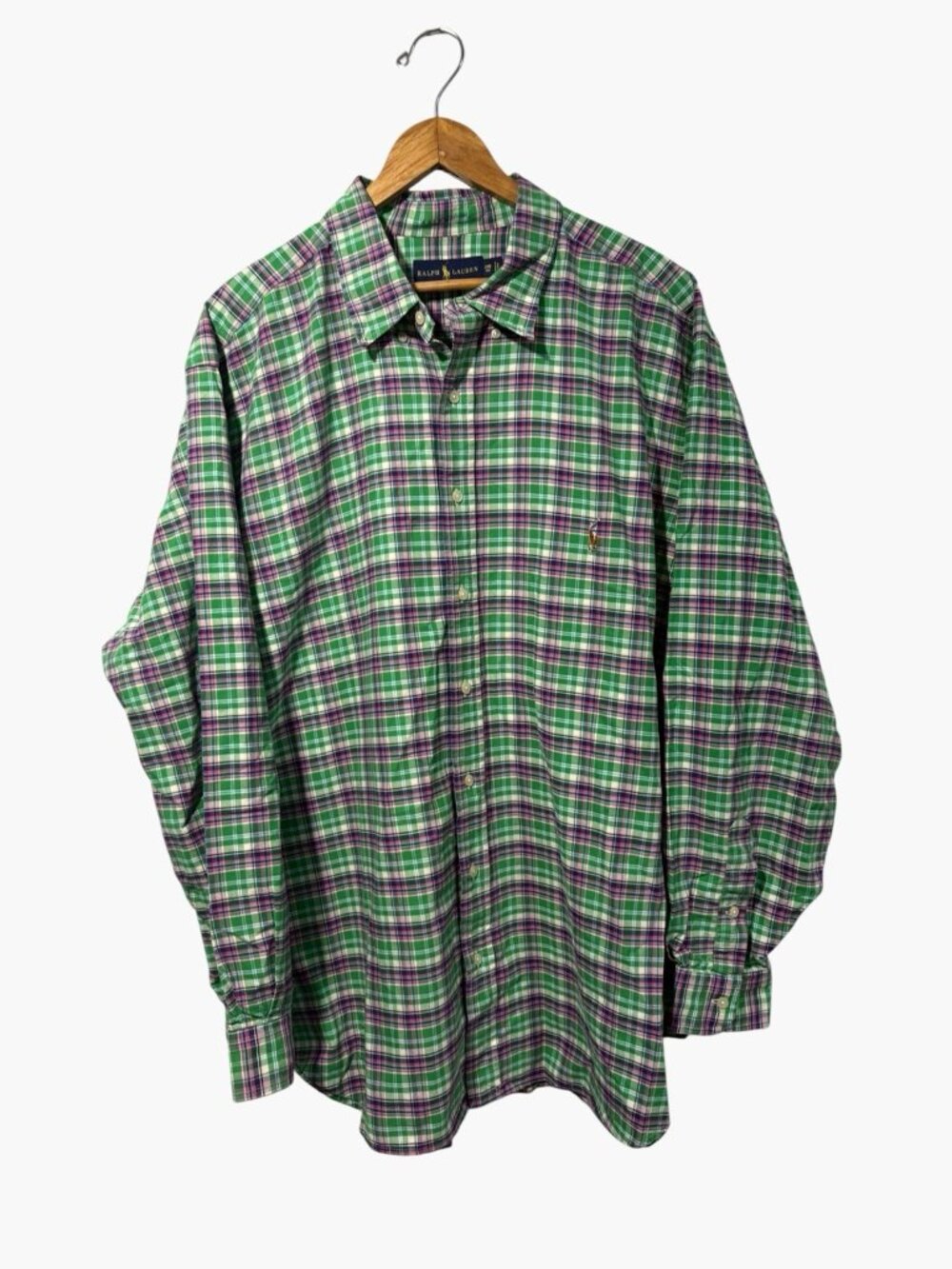 Ralph Lauren Mens 2XB Button Up Green Pink Blue Plaid Shirt Flesh Colored Pony
